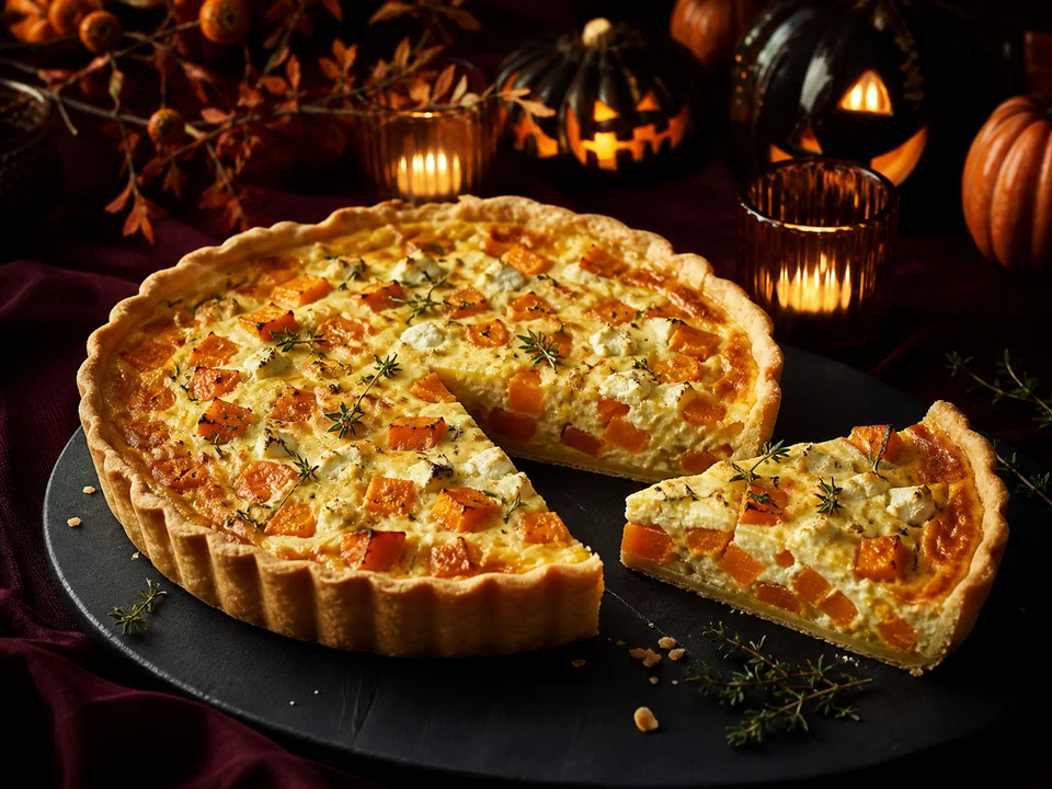 Kürbis-Quiche mit Hokkaido, Feta und Thymian, ein Stück ist herausgeschnitten