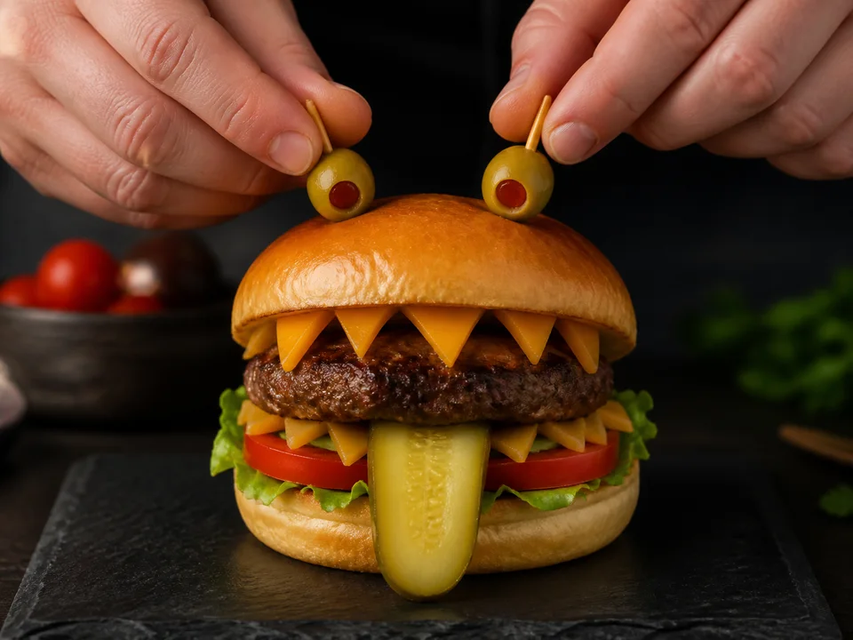 Monster-Burger mit Cheddarzähnen, Gurkenzunge und gefüllten Olivenaugen