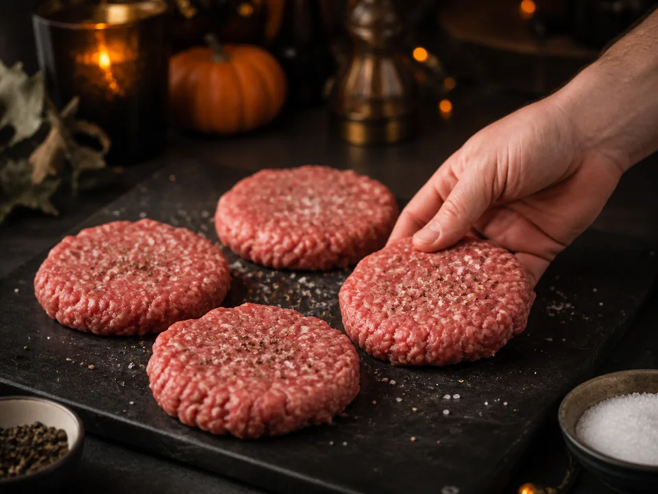 Vier gleich große Burger-Patties werden locker aus Rinderhack geformt