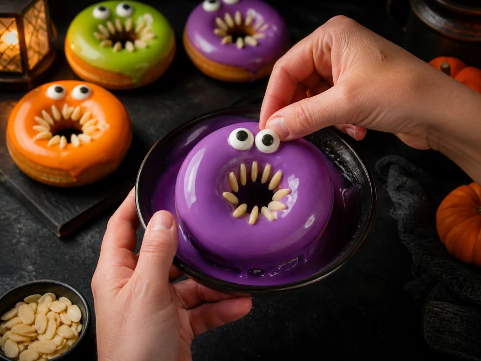 Ein violett glasierter Ringdonut erhält zwei Zuckeraugen und Mandelstifte als Zähne rund um die Öffnung