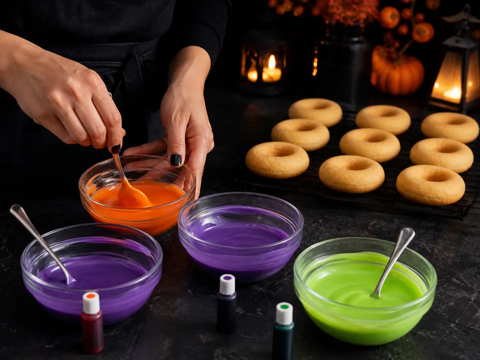 Weiße Kuvertüre wird auf mehrere Schalen verteilt und orange, violett und grün eingefärbt; daneben liegen unglasierte Ringdonuts
