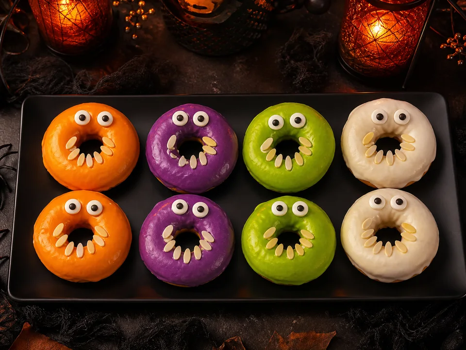 Acht farbig glasierte Monster-Donuts in zwei Reihen mit je zwei Zuckeraugen und Mandelzähnen