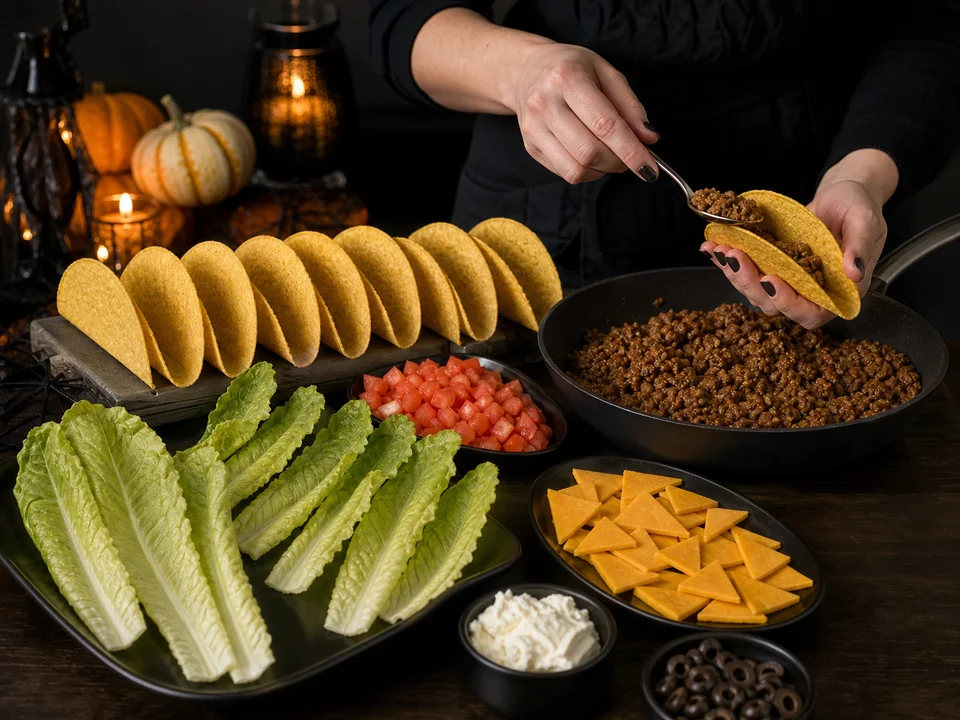 Acht echte Taco-Schalen stehen neben Hackfleisch, Tomaten, Salatzungen, Käsezähnen und Olivenaugen bereit
