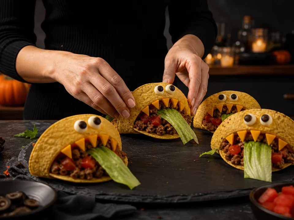 Echte harte Taco-Schalen werden mit Salatzunge, Cheddarzähnen und Olivenaugen als Monster dekoriert