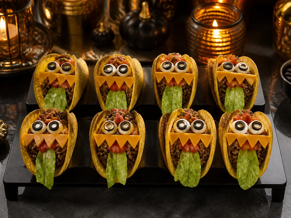 Acht Monster-Tacos in echten knusprigen Taco-Schalen mit Zungen, Zähnen und Augen