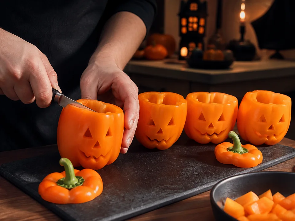 In vier orange Paprikaschoten werden kleine Halloween-Gesichter geschnitten
