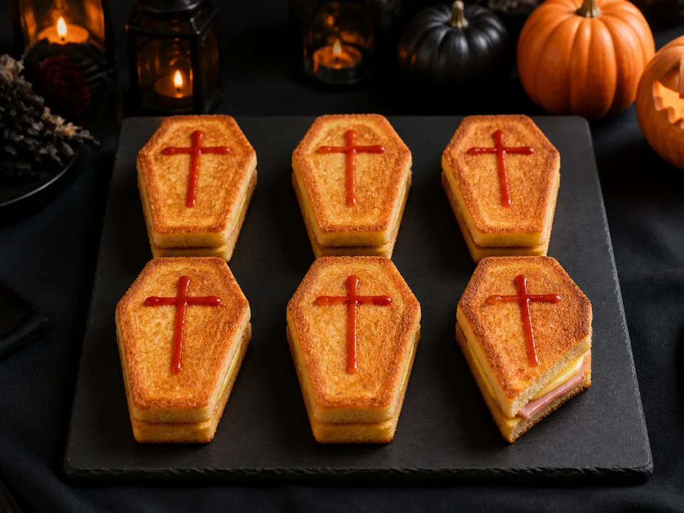 Sechs goldbraune Sarg-Sandwiches mit jeweils einem kleinen Ketchupkreuz auf einer schwarzen Servierplatte