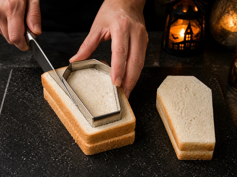 Je zwei übereinanderliegende Toastscheiben werden gemeinsam mit einer Metallschablone in eine einfache Sargform geschnitten