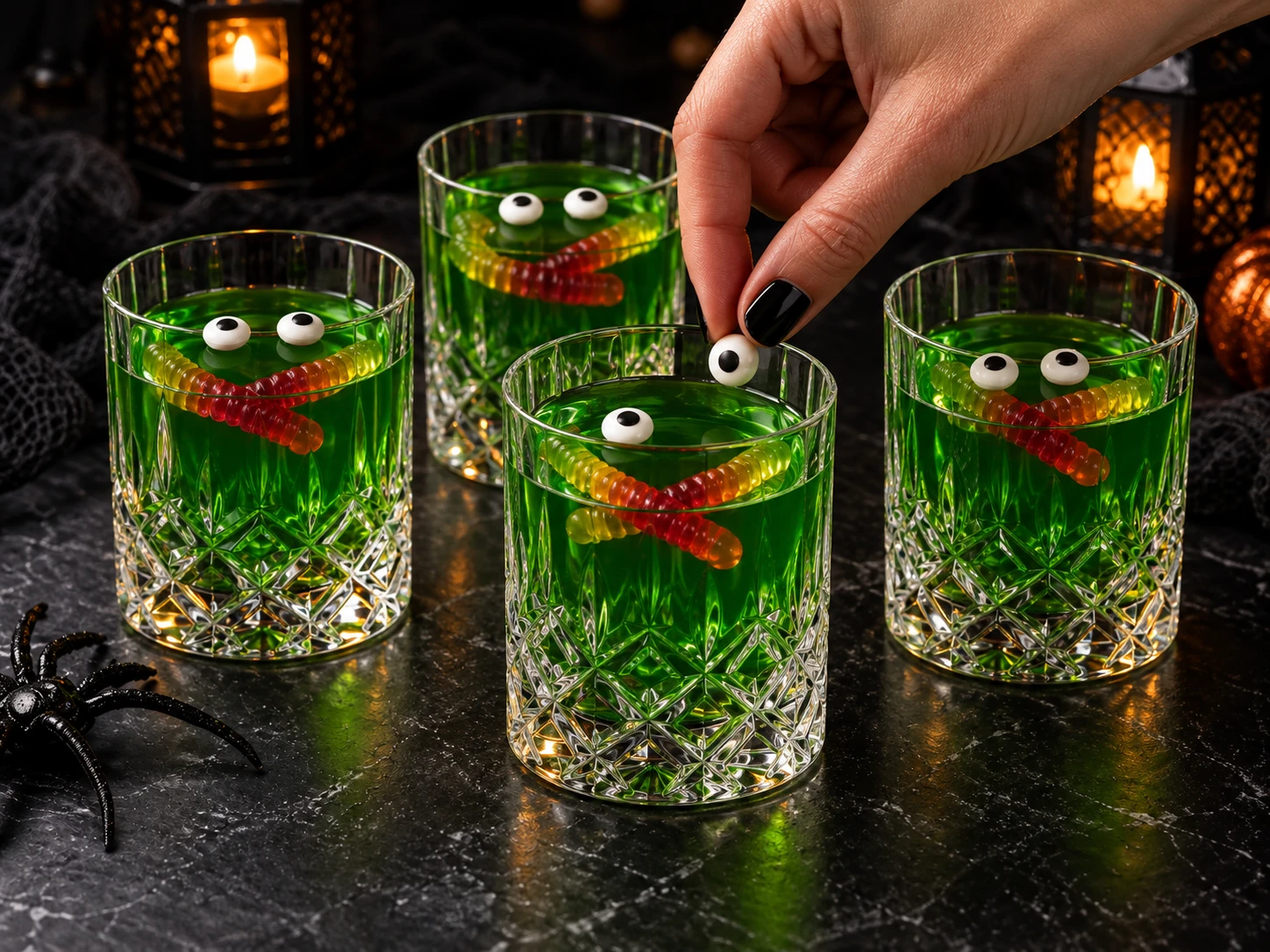 Eine Hand setzt unmittelbar vor dem Servieren ein Zuckerauge auf grünen Wackelpudding in Kristall-Whiskygläsern mit Fruchtgummiwürmern