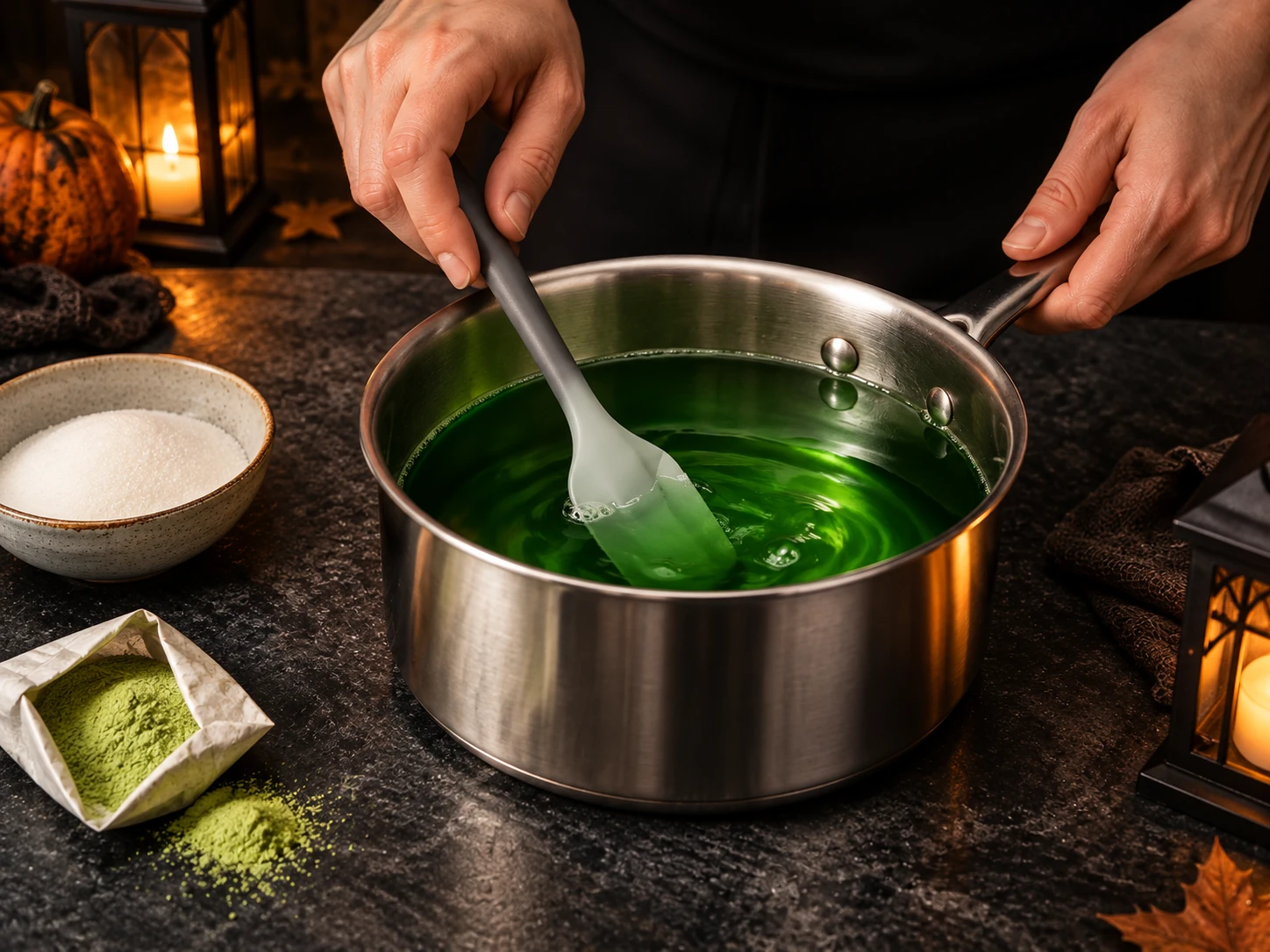 Leuchtend grüner Waldmeister-Wackelpudding wird in einem Topf langsam und ohne Schaumbildung glatt gerührt