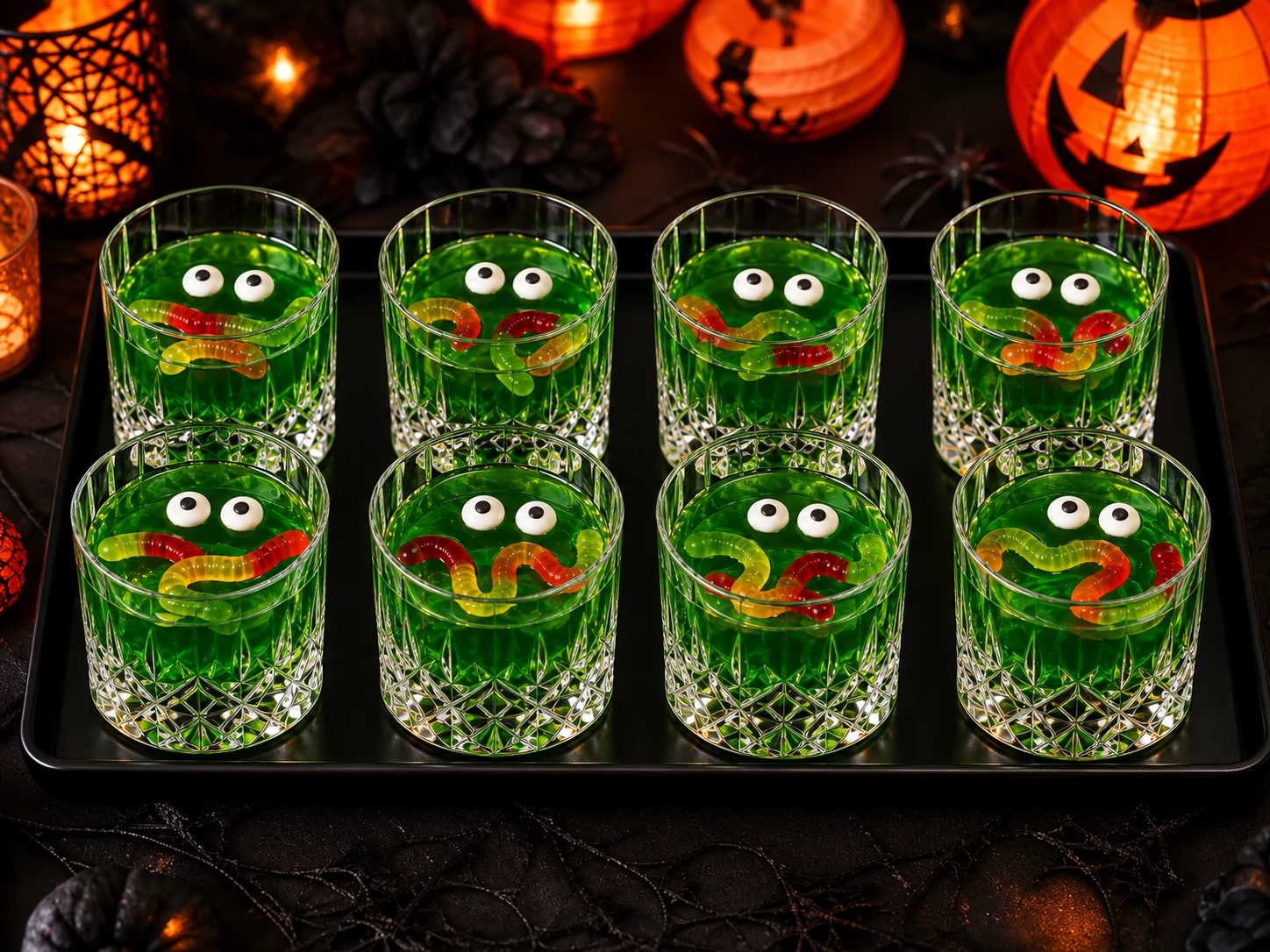 Acht Kristall-Whiskygläser auf einem dunklen Tablett mit giftgrünem Wackelpudding, je zwei Zuckeraugen und bunten Fruchtgummiwürmern