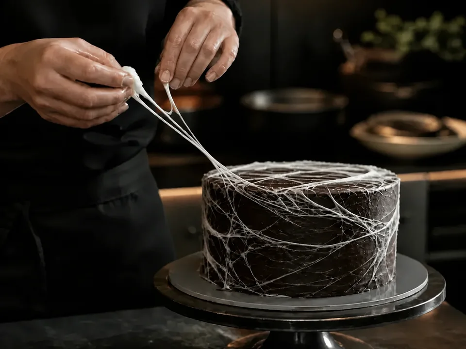 Dünne Marshmallowfäden werden mit den Händen über eine vierlagige Schokoladentorte gezogen