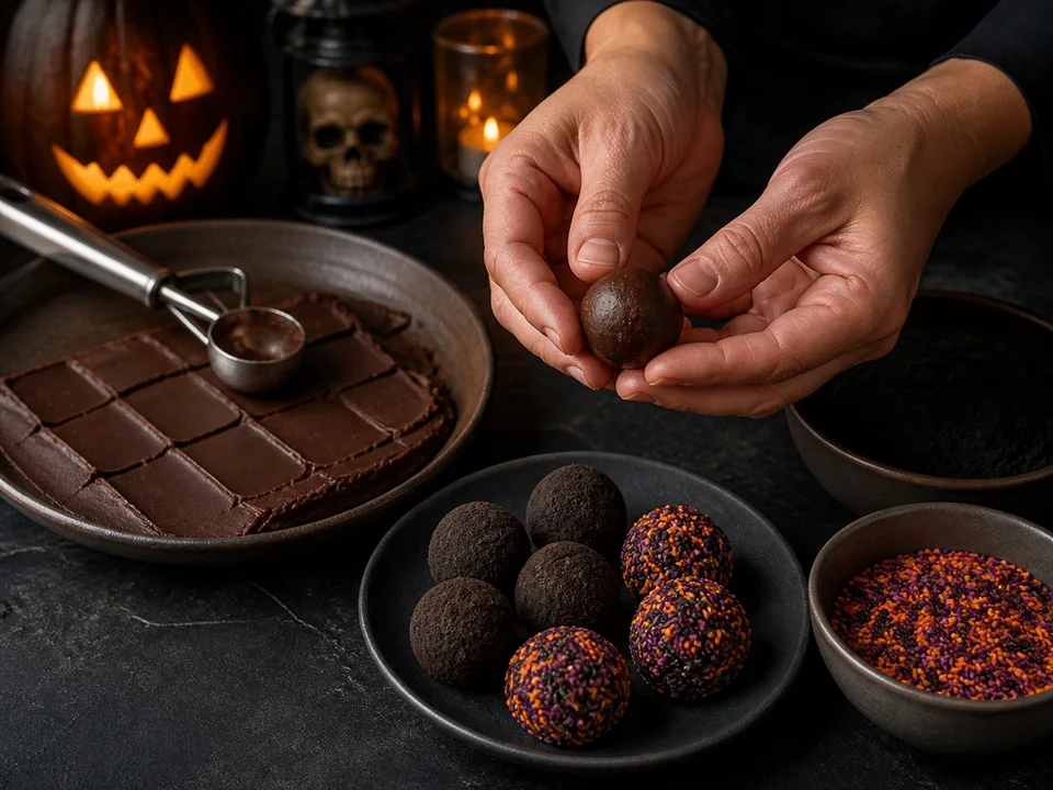 Gekühlte Schokoladenganache wird portionsweise zu Kugeln gerollt und in schwarzem Kakao oder Halloween-Streuseln gewälzt