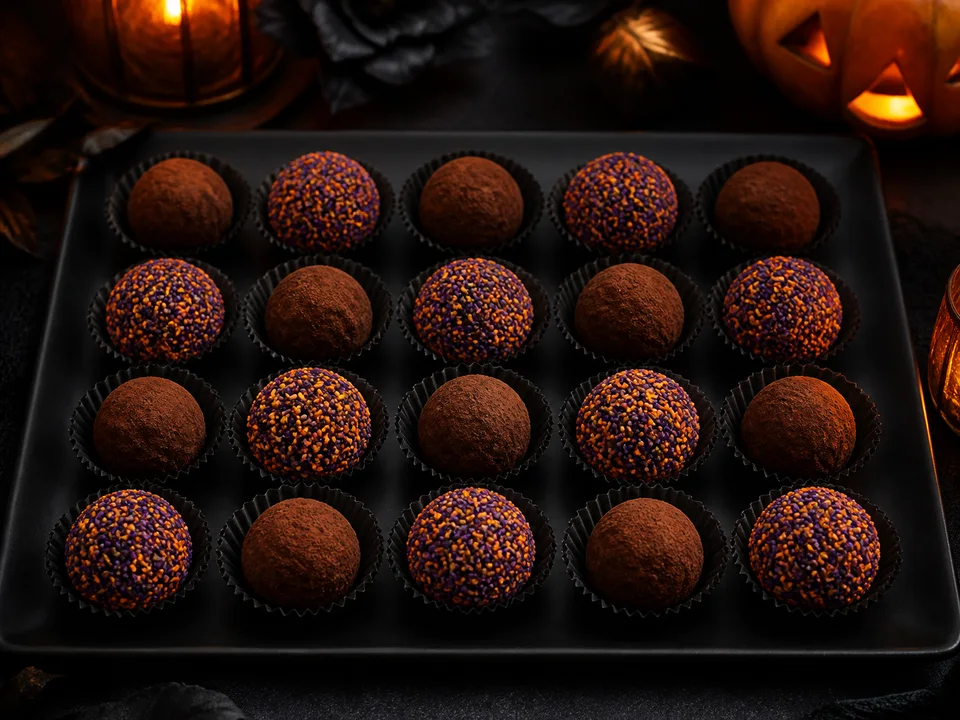 Schwarze Schoko-Trüffel in mehreren Reihen, abwechselnd mit dunklem Kakao und orange-violetten Streuseln überzogen