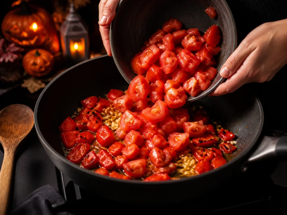 Geröstete rote Paprikastücke und Knoblauch erhalten in einer dunklen Pfanne frisch geschnittene Tomaten