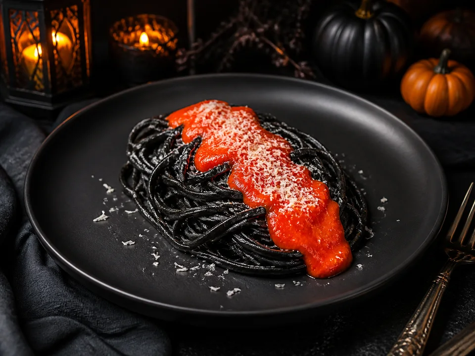 Glänzende schwarze Spaghetti als hohes Nest mit leuchtend roter Paprika-Tomatensoße und wenig Parmesan auf schwarzem Teller