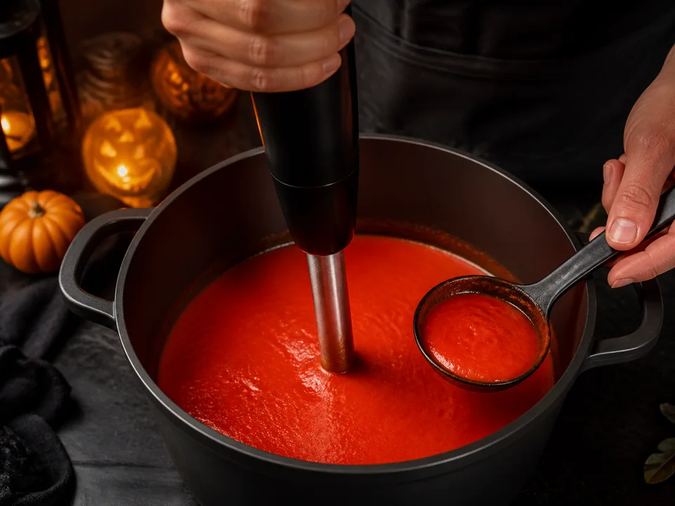 Leuchtend rote Paprika-Tomatensoße wird in einem Topf mit dem Stabmixer vollständig glatt püriert
