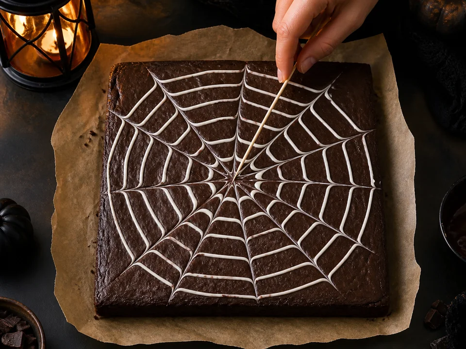 Auf einem ausgekühlten quadratischen Brownie werden dünne konzentrische Kreise aus weißer Kuvertüre mit einem Holzstäbchen vom Zentrum nach außen zum Spinnennetz gezogen