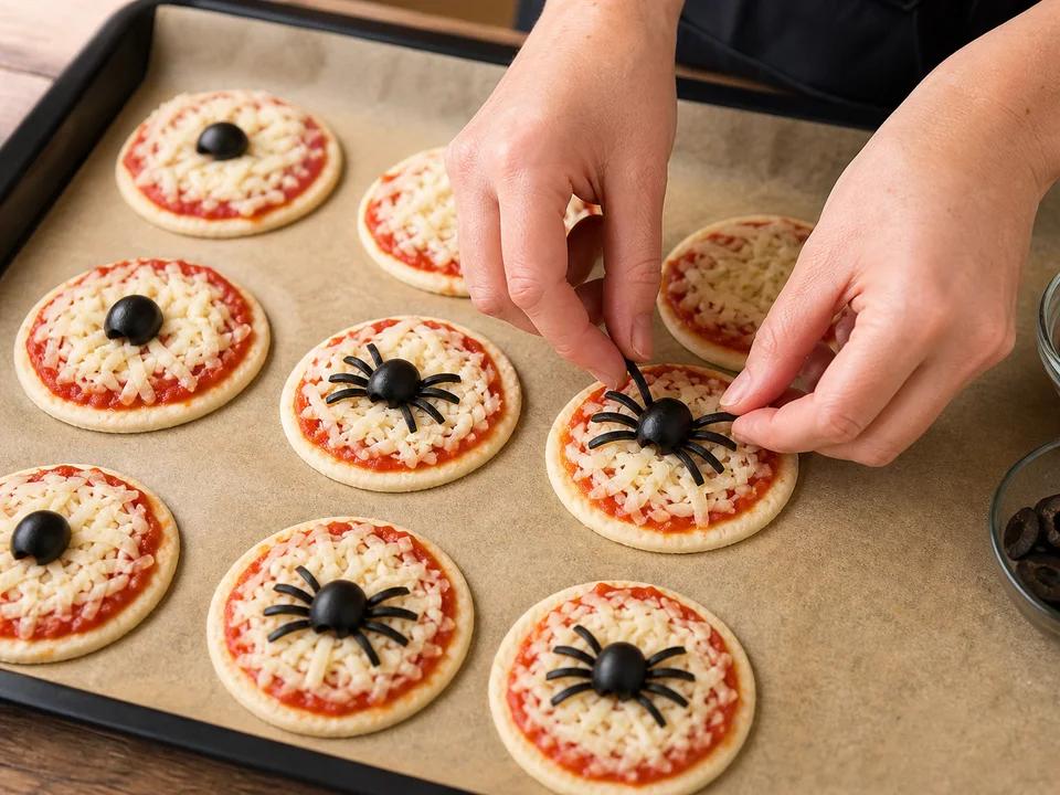 Auf acht belegten Mini-Pizzen werden Spinnenkörper und Beine aus schwarzen Oliven angeordnet
