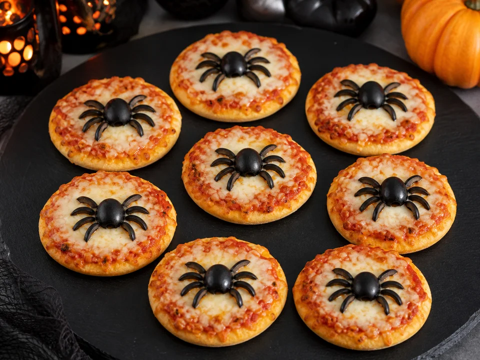 Acht gebackene Mini-Pizzen mit jeweils einer schwarzen Olivenspinne auf einem dunklen Brett