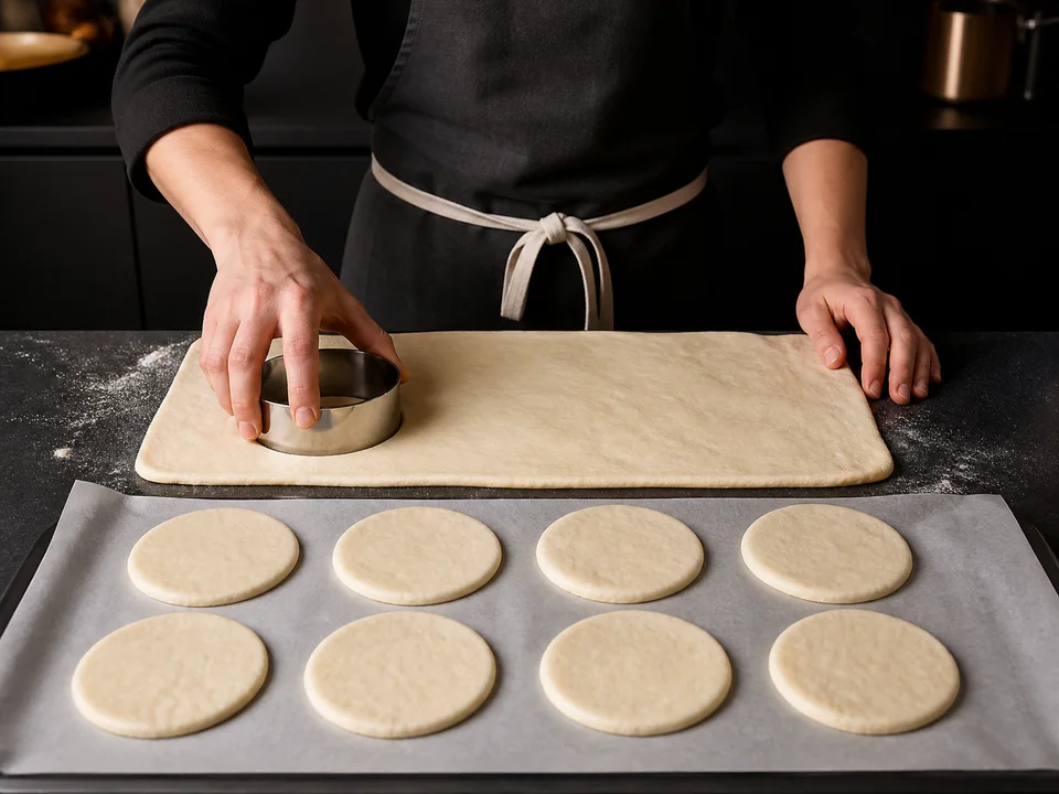 Acht kleine Pizzakreise werden mit einem runden Ausstecher aus Pizzateig ausgestochen