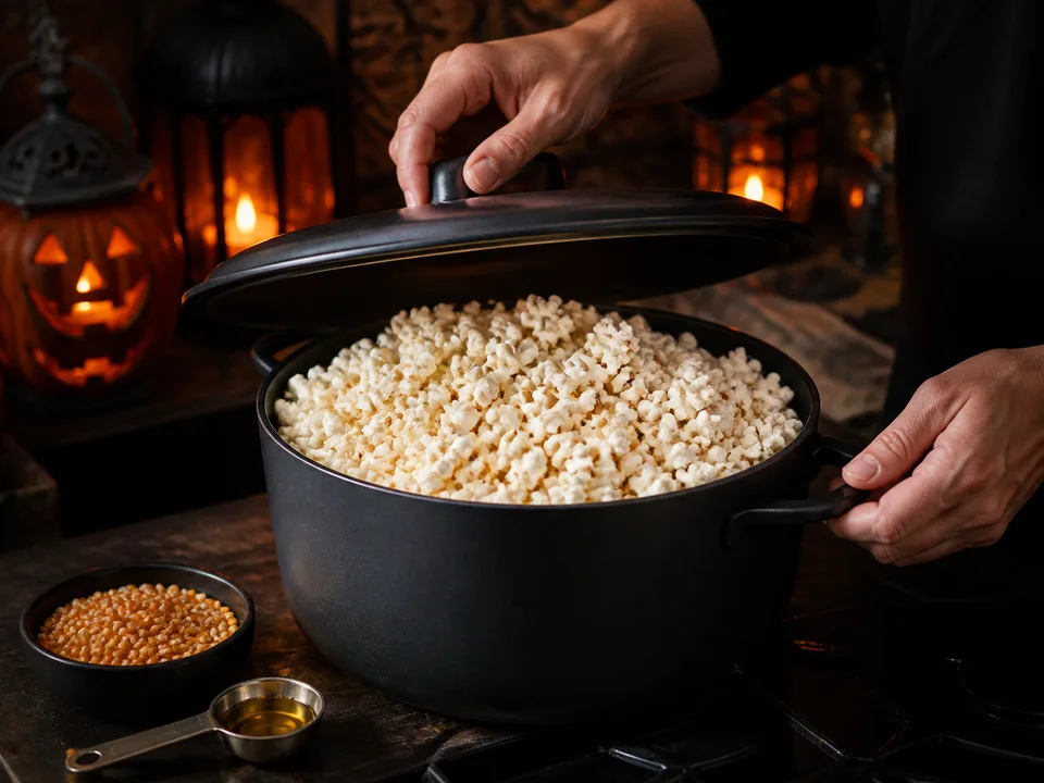 Frisch aufgepopptes weißes Popcorn wird in einem großen dunklen Topf unter dem vorsichtig angehobenen Deckel sichtbar