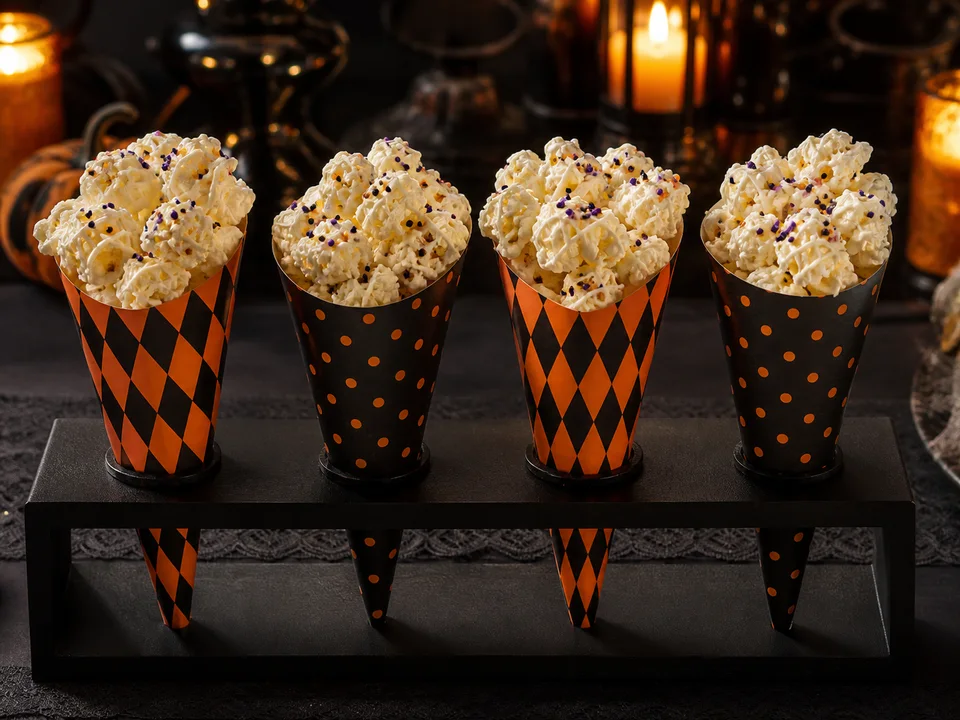 Vier schwarz-orange Papiertüten mit weißem Schokoladen-Popcorn und sparsamen Halloween-Streuseln stehen in einem dunklen Halter