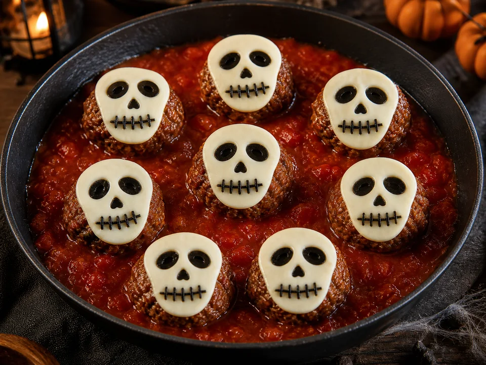 Hackbällchen in Tomatensoße mit vollständigen Mozzarella-Totenkopfgesichtern