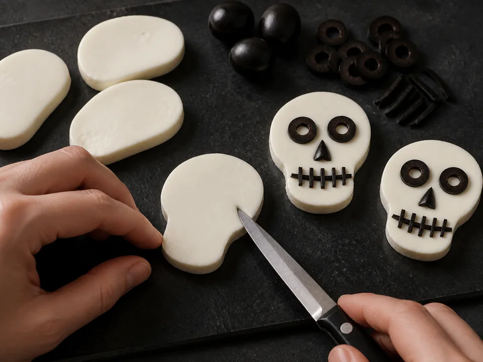 Totenkopfgesichter werden aus Mozzarellascheiben und schwarzen Oliven vorbereitet