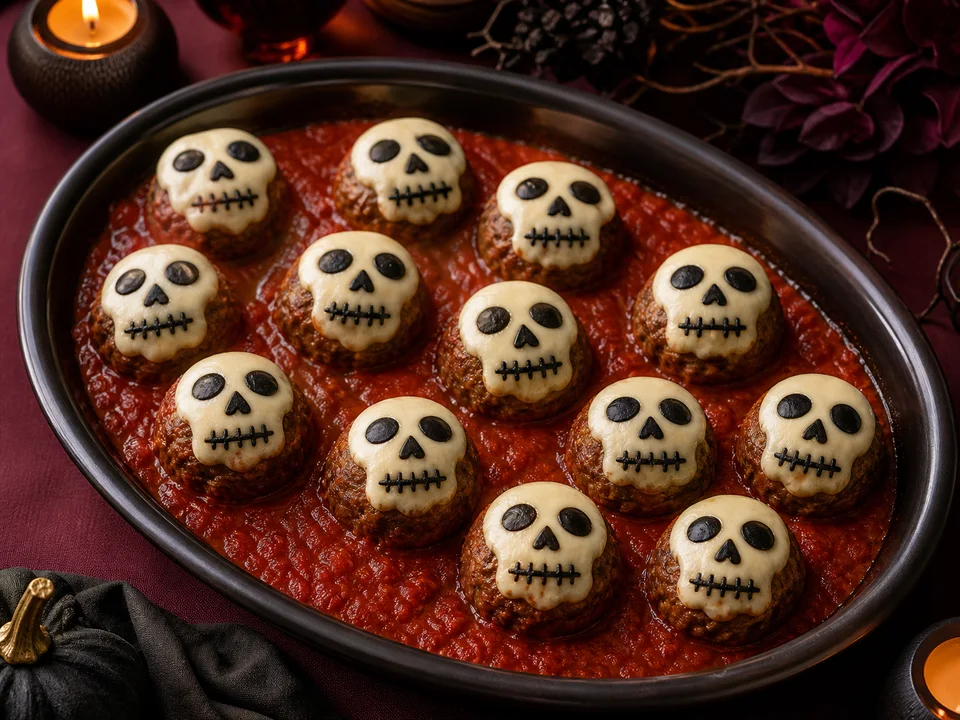 Zwölf Totenkopf-Hackbällchen in roter Tomatensoße auf einer dunklen Servierplatte