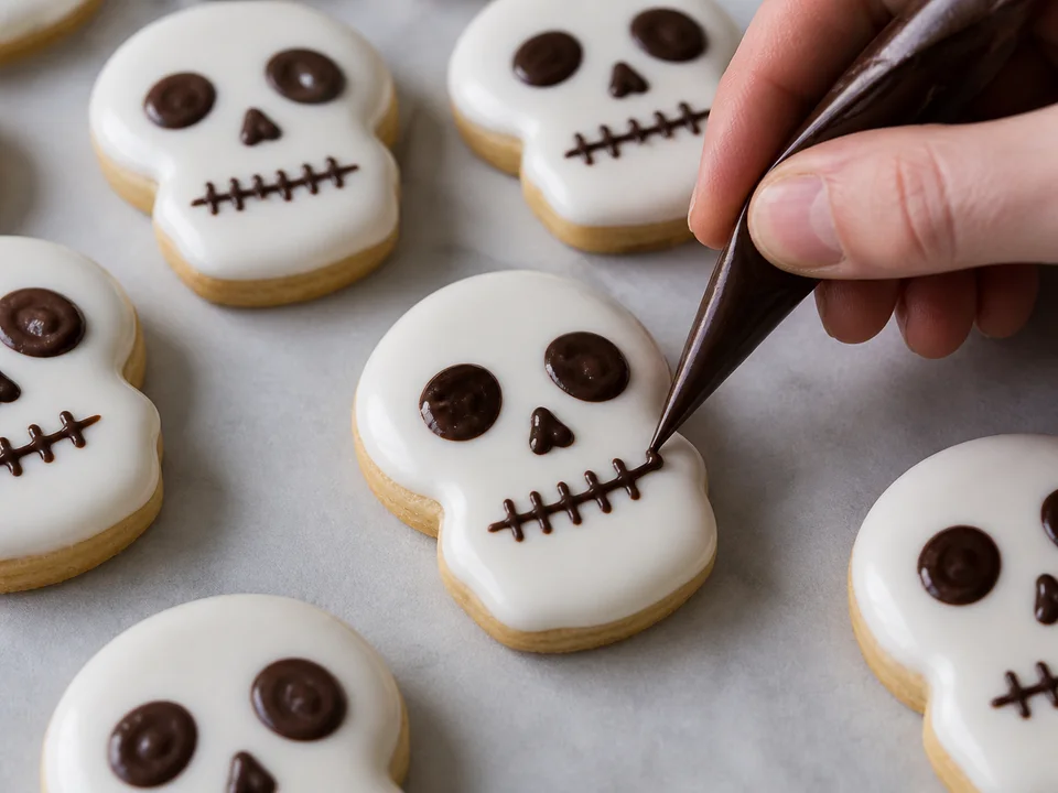 Weiß glasierte Totenkopf-Kekse erhalten mit dunkler Schokolade Augen, Nase und einen Zahn-Mund