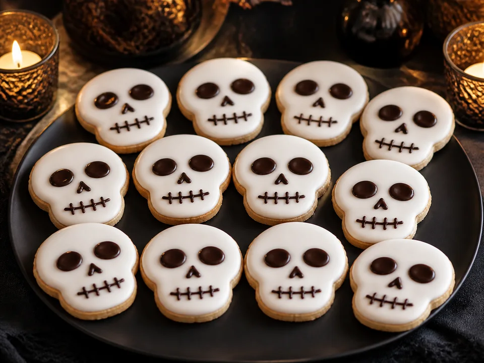 Zwölf weiß glasierte Totenkopf-Kekse mit dunklen Schokoladengesichtern auf einer schwarzen Platte