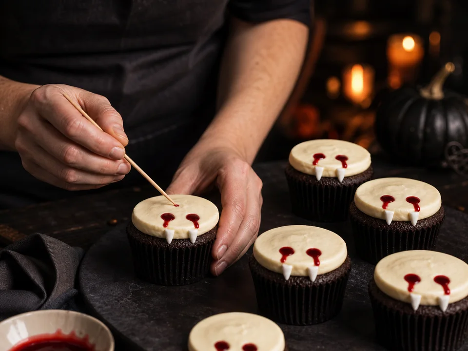 Vampir-Cupcakes mit heller Buttercreme erhalten zwei Bissstellen, rote Fruchtsoße und zwei Zuckerzähne