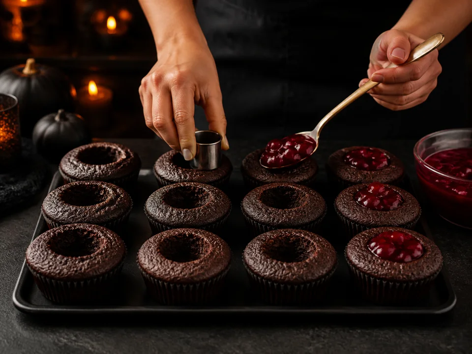 Zwölf Schoko-Cupcakes werden flach ausgehöhlt und mit dicker Kirschfüllung gefüllt