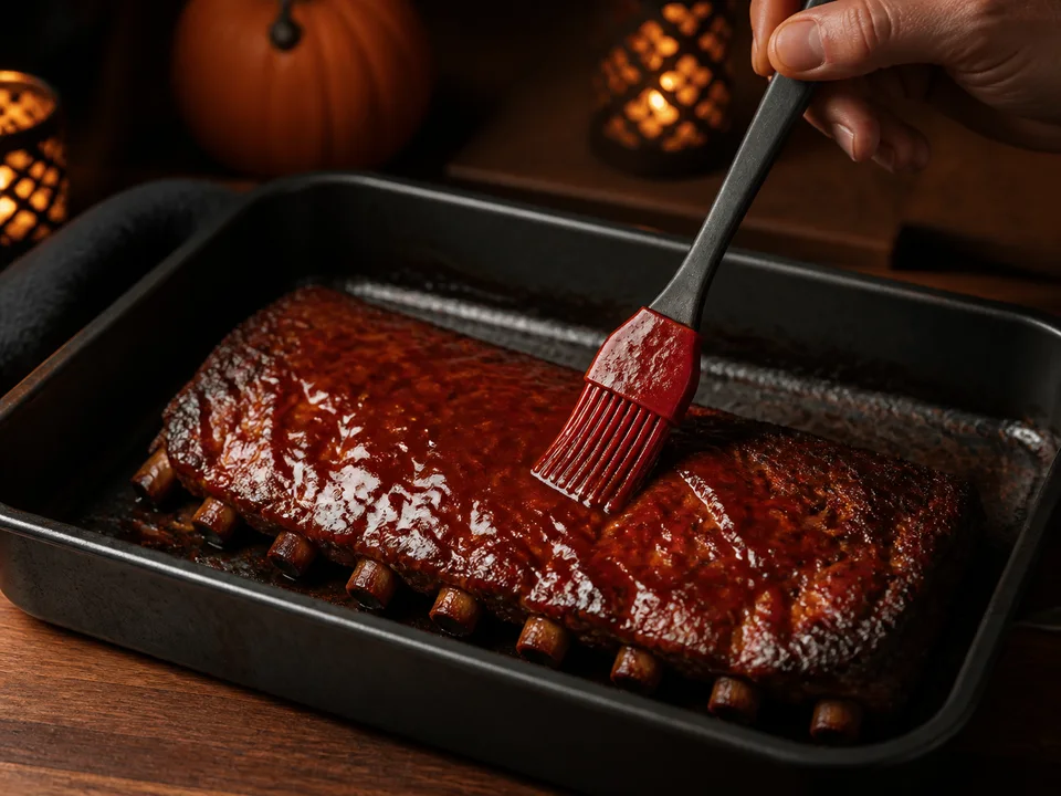 Vorgegarte Spareribs werden mehrfach mit roter Knoblauchglasur bestrichen