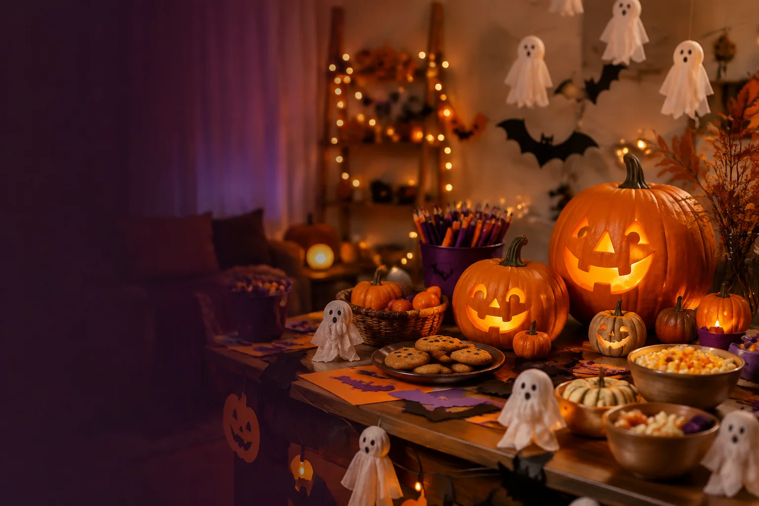 Stimmungsvolle Halloween-Tafel mit Kürbissen und warmem Licht
