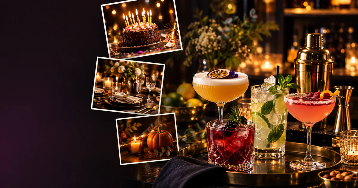 Cocktailbar mit verschiedenen Drinks und Anlasskarten