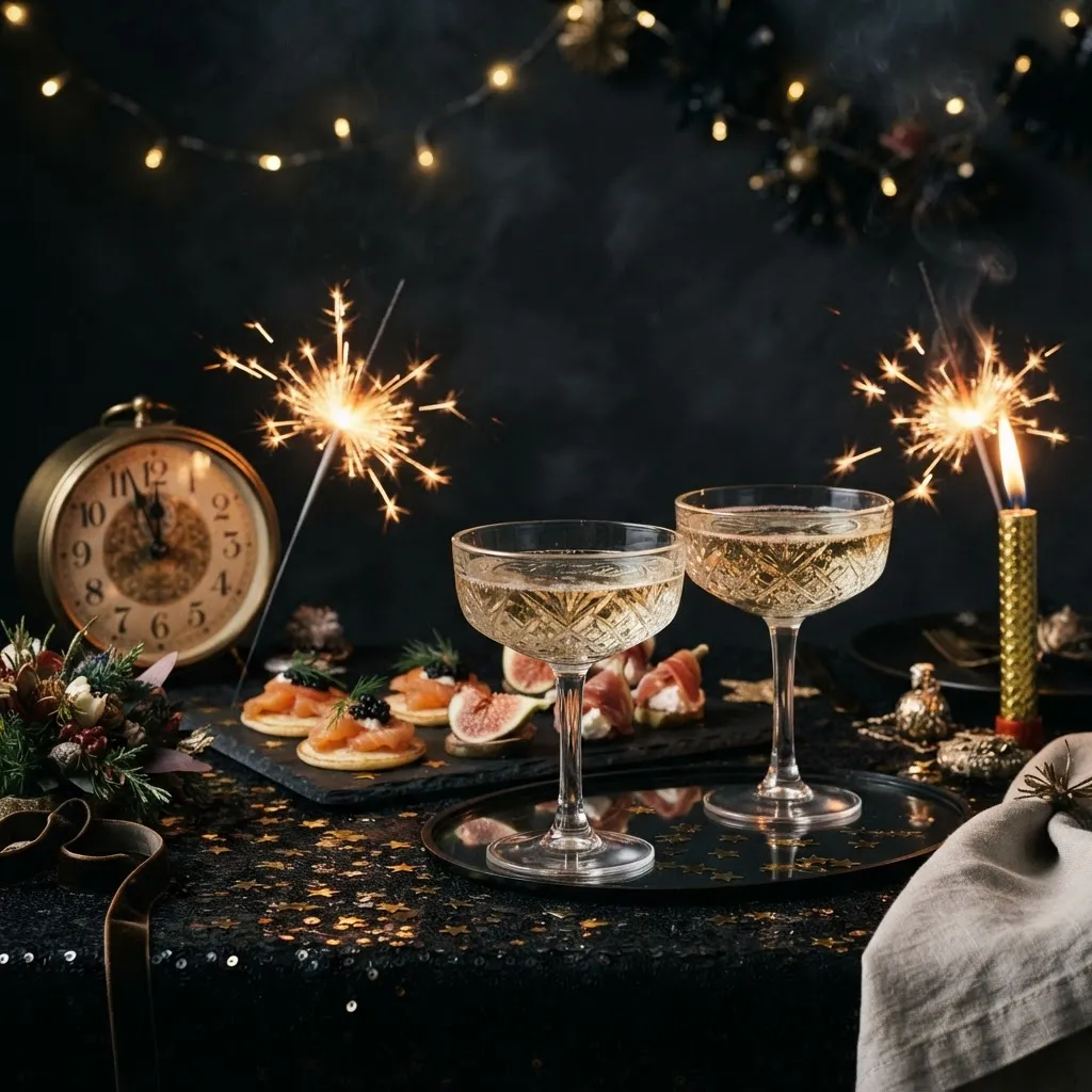 Silvestertafel mit Sektgläsern und goldenem Konfetti