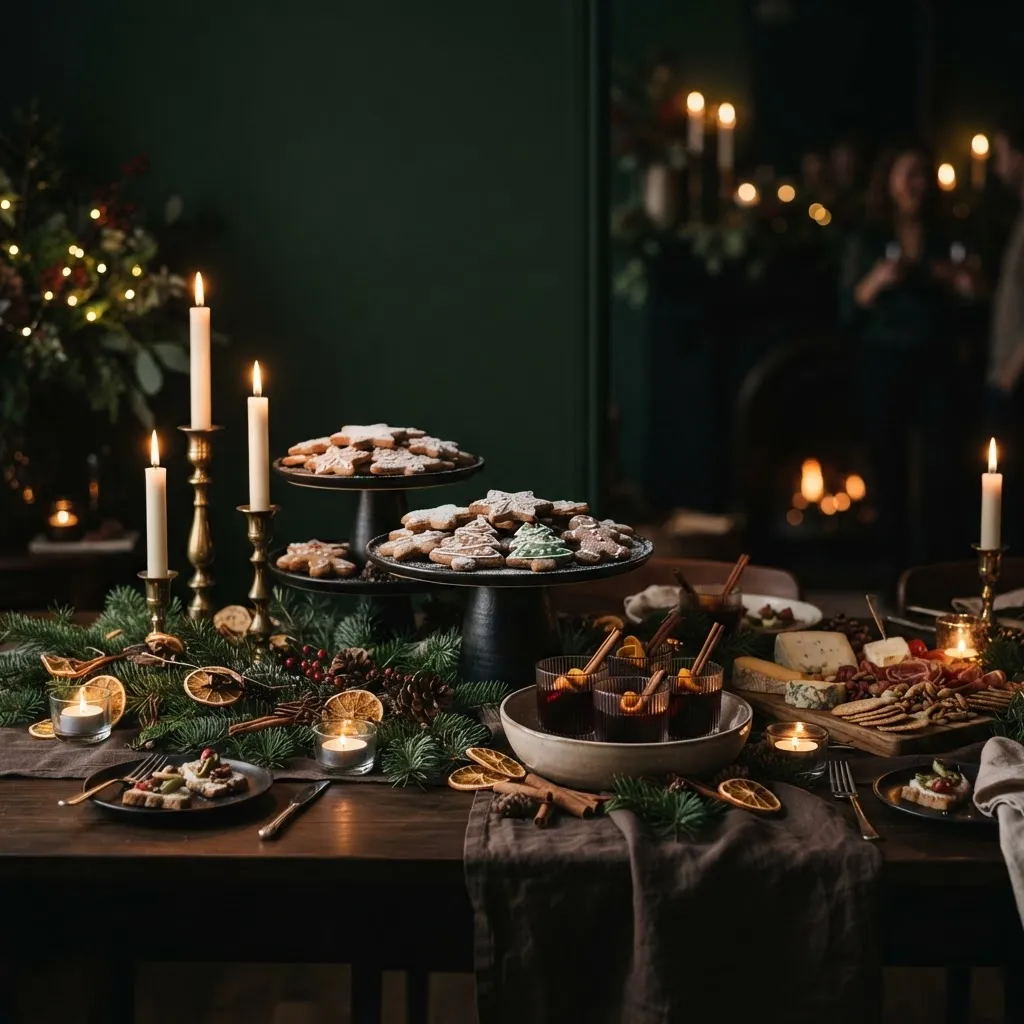 Weihnachtliches Buffet mit Kerzen, Tannengrün und Lebkuchen
