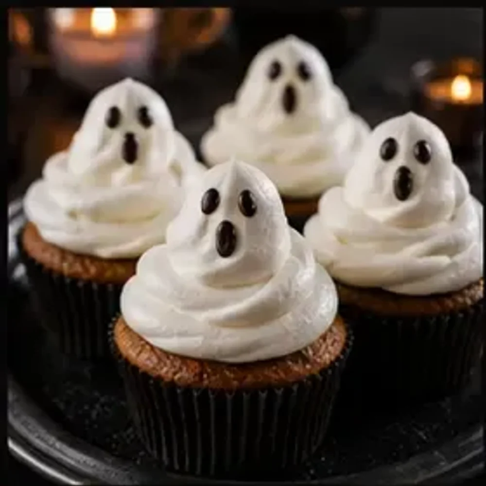 Geister-Cupcakes mit weißer Creme und Schokoaugen