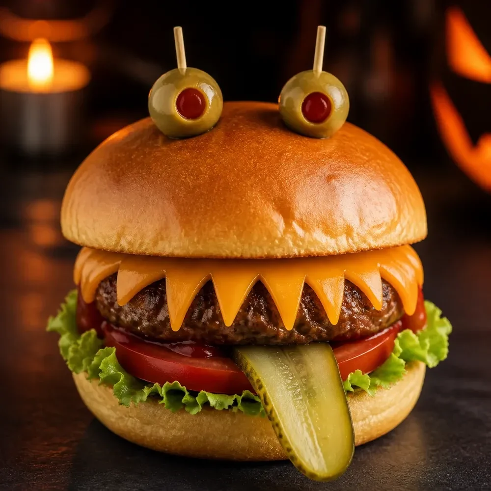 Monster-Burger mit Käsezähnen und Olivenaugen