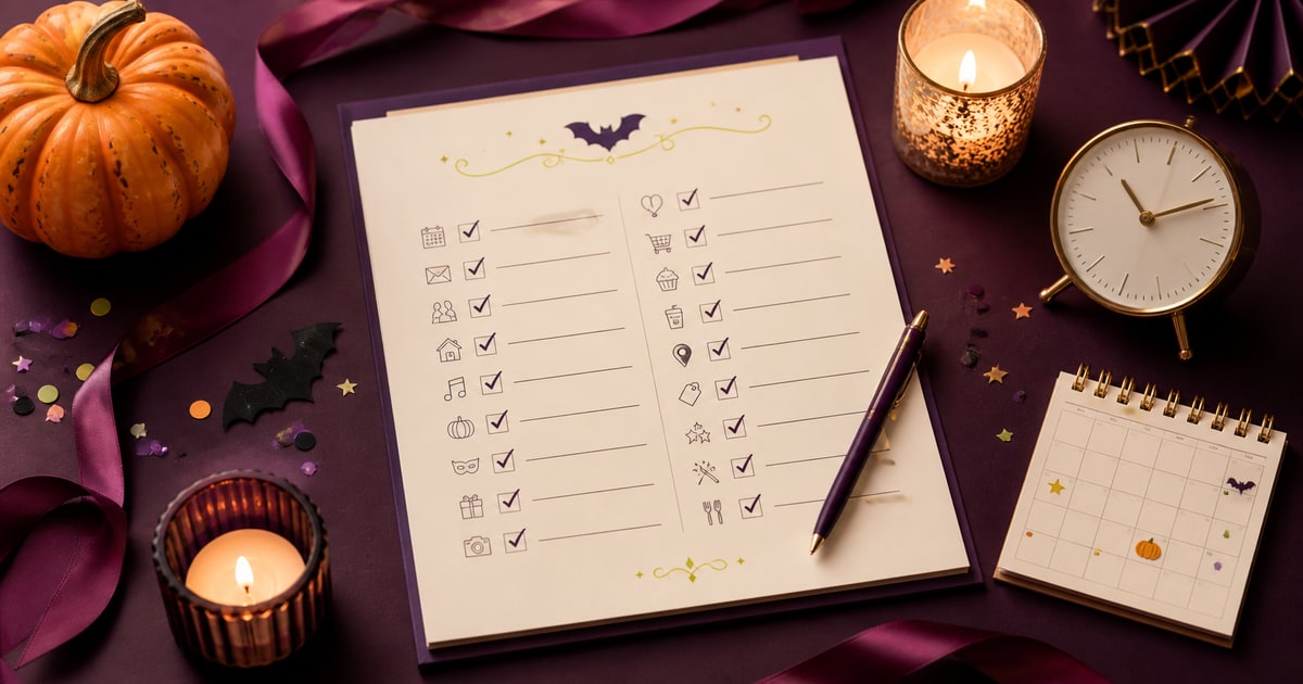Party-Checkliste zum Ausdrucken auf dunklem Tisch